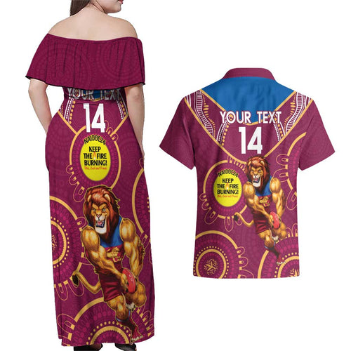 Custom AFL Brisbane Lions NAIDOC Week Couples Matching Off Shoulder Maxi Dress and Hawaiian Shirt Keep The Fire Burning Indigenous Art