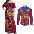 Custom AFL Brisbane Lions NAIDOC Week Couples Matching Off Shoulder Maxi Dress and Long Sleeve Button Shirt Keep The Fire Burning Indigenous Art