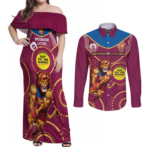 Custom AFL Brisbane Lions NAIDOC Week Couples Matching Off Shoulder Maxi Dress and Long Sleeve Button Shirt Keep The Fire Burning Indigenous Art