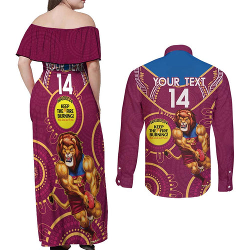 Custom AFL Brisbane Lions NAIDOC Week Couples Matching Off Shoulder Maxi Dress and Long Sleeve Button Shirt Keep The Fire Burning Indigenous Art