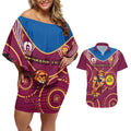 Custom AFL Brisbane Lions NAIDOC Week Couples Matching Off Shoulder Short Dress and Hawaiian Shirt Keep The Fire Burning Indigenous Art