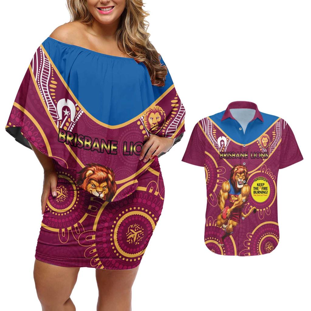 Custom AFL Brisbane Lions NAIDOC Week Couples Matching Off Shoulder Short Dress and Hawaiian Shirt Keep The Fire Burning Indigenous Art