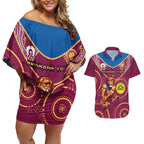 Custom AFL Brisbane Lions NAIDOC Week Couples Matching Off Shoulder Short Dress and Hawaiian Shirt Keep The Fire Burning Indigenous Art
