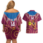 Custom AFL Brisbane Lions NAIDOC Week Couples Matching Off Shoulder Short Dress and Hawaiian Shirt Keep The Fire Burning Indigenous Art