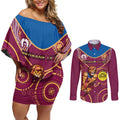 Custom AFL Brisbane Lions NAIDOC Week Couples Matching Off Shoulder Short Dress and Long Sleeve Button Shirt Keep The Fire Burning Indigenous Art