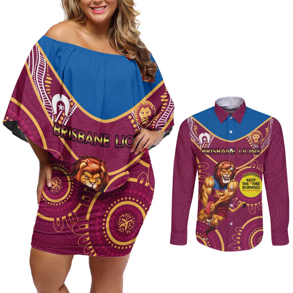 Custom AFL Brisbane Lions NAIDOC Week Couples Matching Off Shoulder Short Dress and Long Sleeve Button Shirt Keep The Fire Burning Indigenous Art