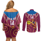 Custom AFL Brisbane Lions NAIDOC Week Couples Matching Off Shoulder Short Dress and Long Sleeve Button Shirt Keep The Fire Burning Indigenous Art