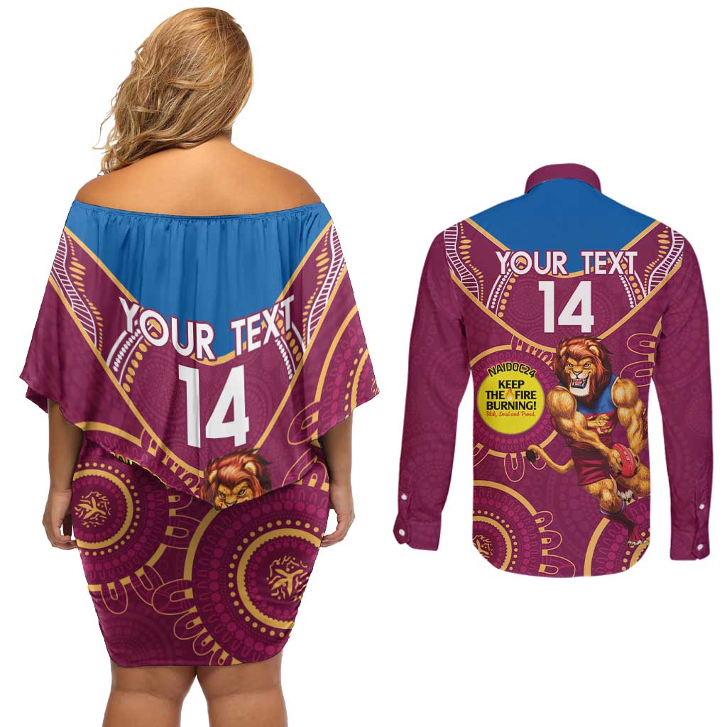 Custom AFL Brisbane Lions NAIDOC Week Couples Matching Off Shoulder Short Dress and Long Sleeve Button Shirt Keep The Fire Burning Indigenous Art