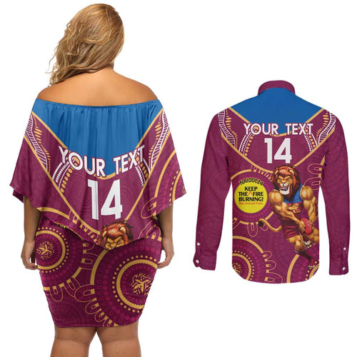 Custom AFL Brisbane Lions NAIDOC Week Couples Matching Off Shoulder Short Dress and Long Sleeve Button Shirt Keep The Fire Burning Indigenous Art