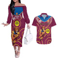 Custom AFL Brisbane Lions NAIDOC Week Couples Matching Off The Shoulder Long Sleeve Dress and Hawaiian Shirt Keep The Fire Burning Indigenous Art