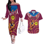 Custom AFL Brisbane Lions NAIDOC Week Couples Matching Off The Shoulder Long Sleeve Dress and Hawaiian Shirt Keep The Fire Burning Indigenous Art