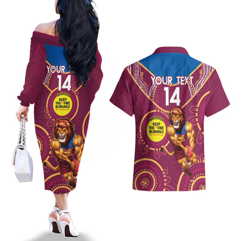 Custom AFL Brisbane Lions NAIDOC Week Couples Matching Off The Shoulder Long Sleeve Dress and Hawaiian Shirt Keep The Fire Burning Indigenous Art