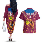 Custom AFL Brisbane Lions NAIDOC Week Couples Matching Off The Shoulder Long Sleeve Dress and Hawaiian Shirt Keep The Fire Burning Indigenous Art