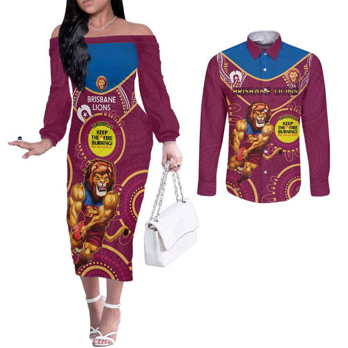 Custom AFL Brisbane Lions NAIDOC Week Couples Matching Off The Shoulder Long Sleeve Dress and Long Sleeve Button Shirt Keep The Fire Burning Indigenous Art