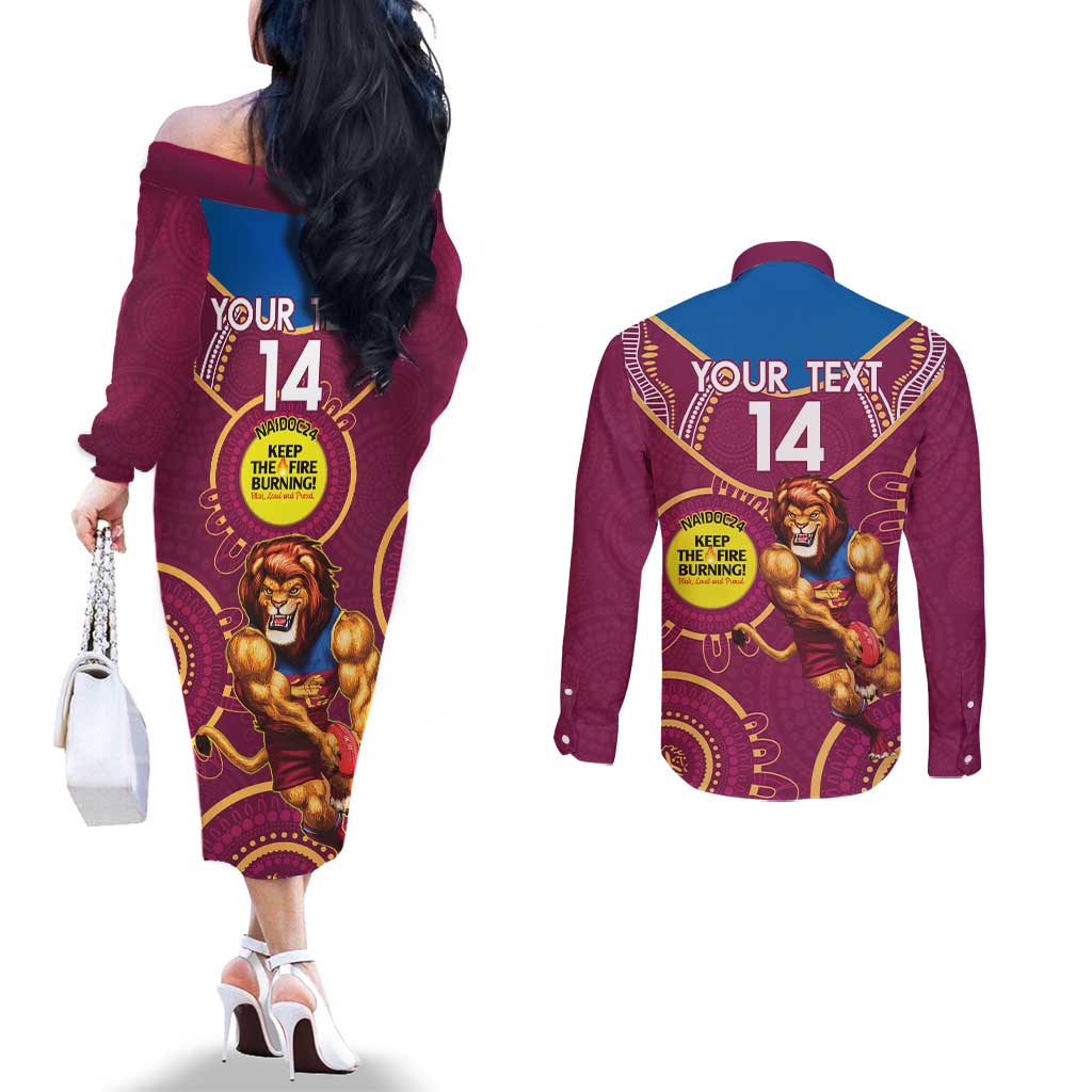 Custom AFL Brisbane Lions NAIDOC Week Couples Matching Off The Shoulder Long Sleeve Dress and Long Sleeve Button Shirt Keep The Fire Burning Indigenous Art