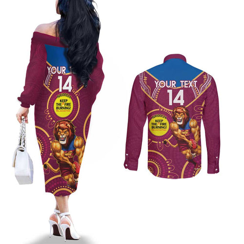 Custom AFL Brisbane Lions NAIDOC Week Couples Matching Off The Shoulder Long Sleeve Dress and Long Sleeve Button Shirt Keep The Fire Burning Indigenous Art