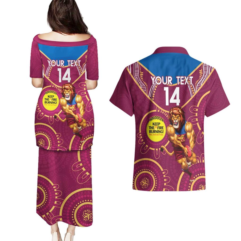 Custom AFL Brisbane Lions NAIDOC Week Couples Matching Puletasi and Hawaiian Shirt Keep The Fire Burning Indigenous Art