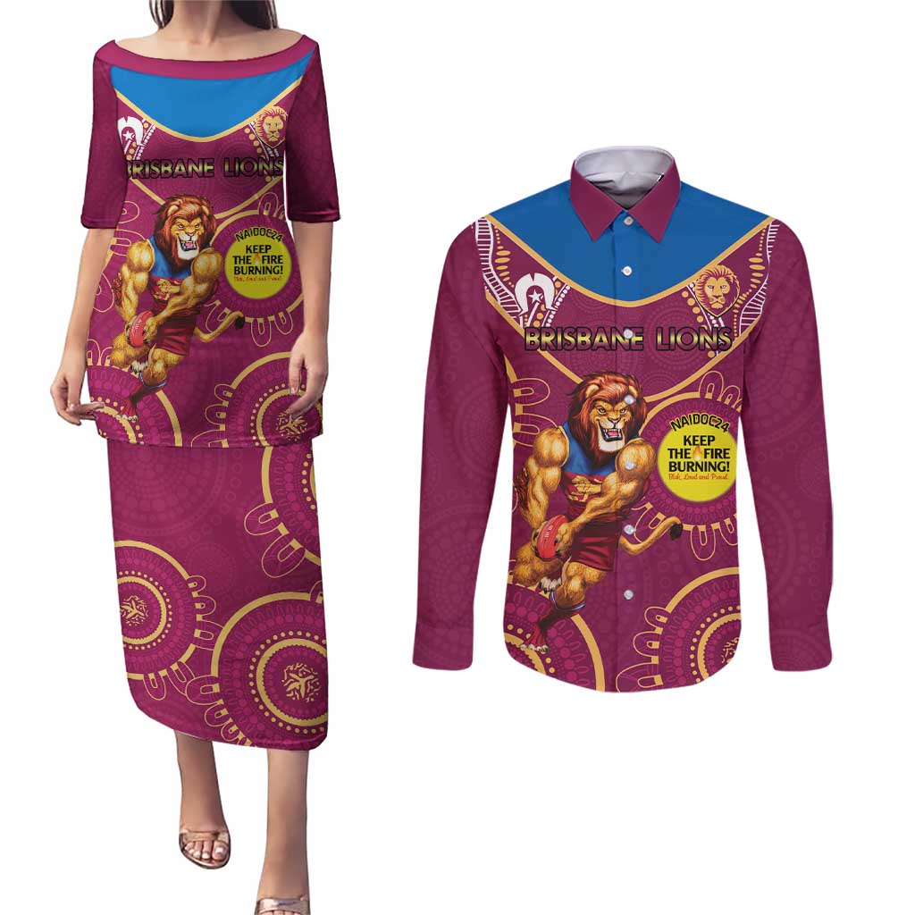 Custom AFL Brisbane Lions NAIDOC Week Couples Matching Puletasi and Long Sleeve Button Shirt Keep The Fire Burning Indigenous Art