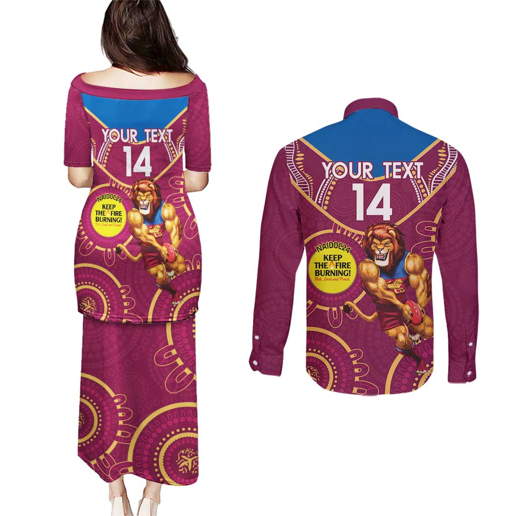 Custom AFL Brisbane Lions NAIDOC Week Couples Matching Puletasi and Long Sleeve Button Shirt Keep The Fire Burning Indigenous Art