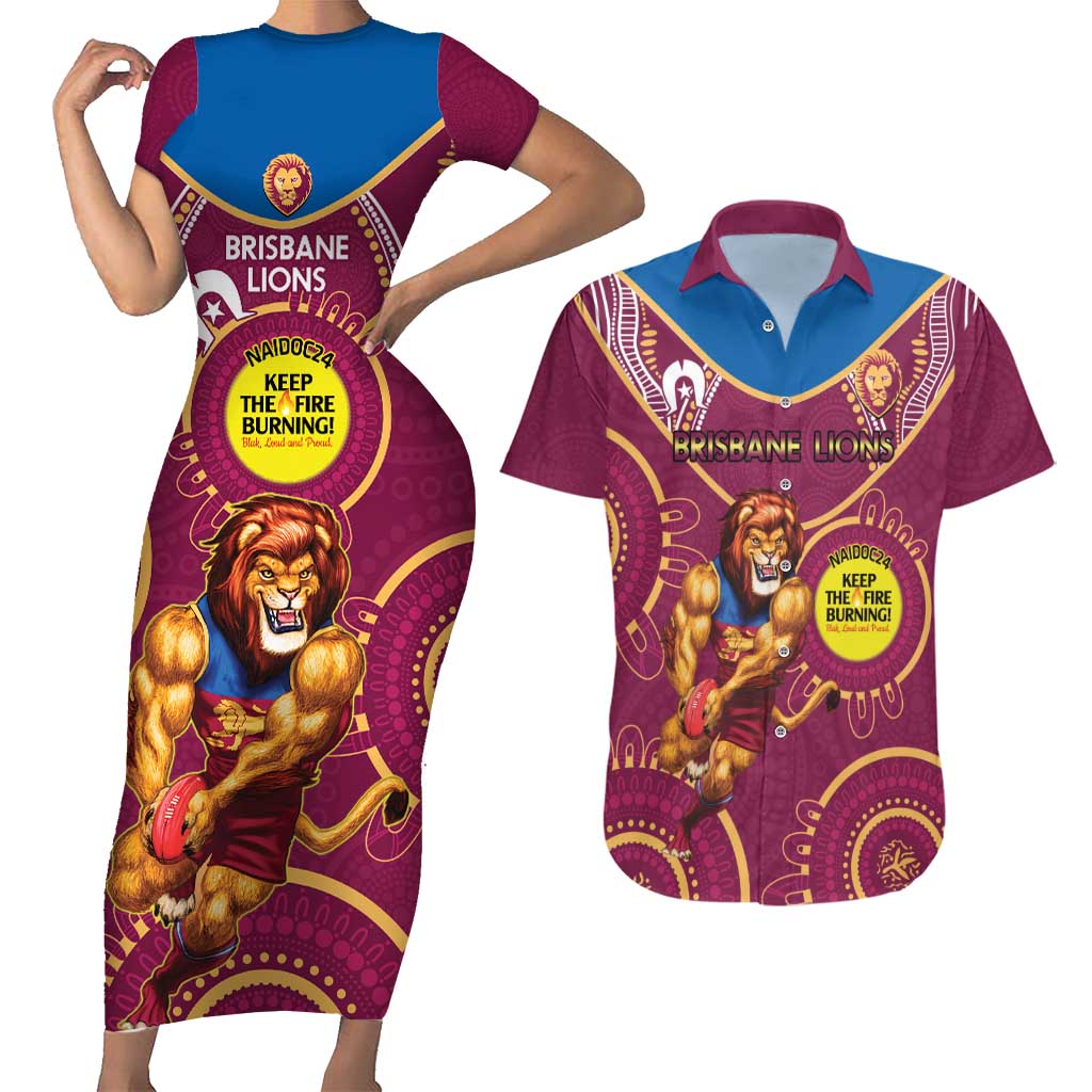 Custom AFL Brisbane Lions NAIDOC Week Couples Matching Short Sleeve Bodycon Dress and Hawaiian Shirt Keep The Fire Burning Indigenous Art