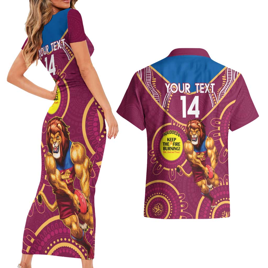Custom AFL Brisbane Lions NAIDOC Week Couples Matching Short Sleeve Bodycon Dress and Hawaiian Shirt Keep The Fire Burning Indigenous Art