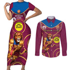 Custom AFL Brisbane Lions NAIDOC Week Couples Matching Short Sleeve Bodycon Dress and Long Sleeve Button Shirt Keep The Fire Burning Indigenous Art