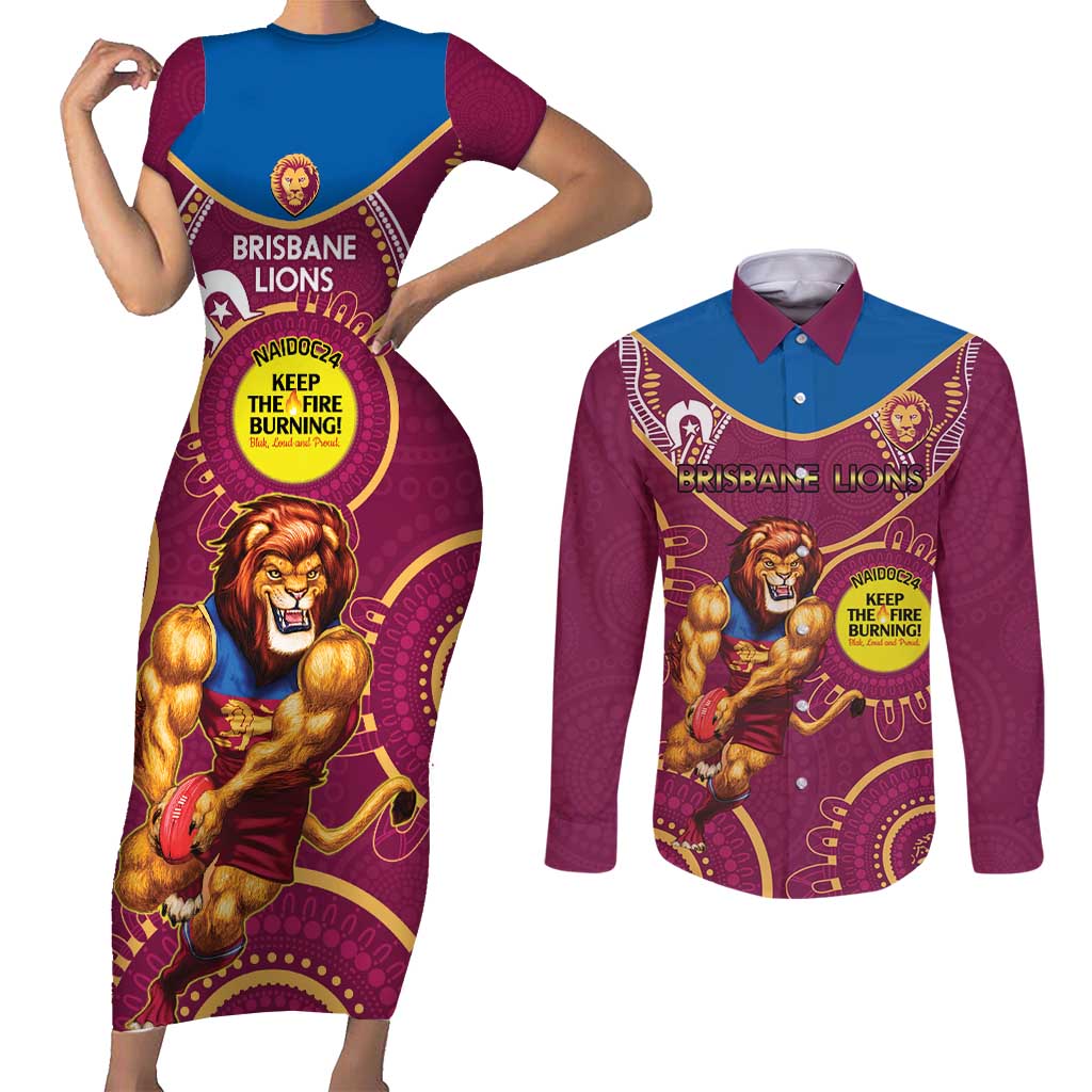 Custom AFL Brisbane Lions NAIDOC Week Couples Matching Short Sleeve Bodycon Dress and Long Sleeve Button Shirt Keep The Fire Burning Indigenous Art