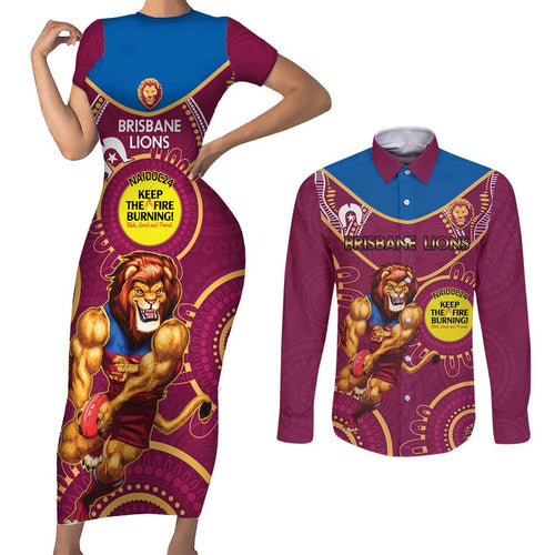 Custom AFL Brisbane Lions NAIDOC Week Couples Matching Short Sleeve Bodycon Dress and Long Sleeve Button Shirt Keep The Fire Burning Indigenous Art