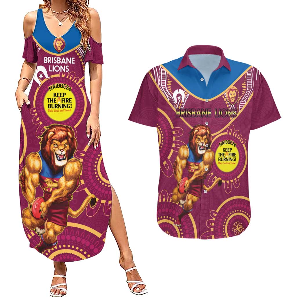 Custom AFL Brisbane Lions NAIDOC Week Couples Matching Summer Maxi Dress and Hawaiian Shirt Keep The Fire Burning Indigenous Art