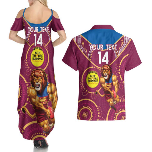 Custom AFL Brisbane Lions NAIDOC Week Couples Matching Summer Maxi Dress and Hawaiian Shirt Keep The Fire Burning Indigenous Art