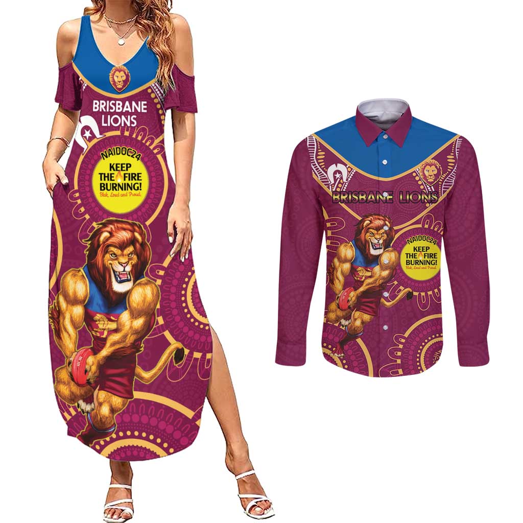 Custom AFL Brisbane Lions NAIDOC Week Couples Matching Summer Maxi Dress and Long Sleeve Button Shirt Keep The Fire Burning Indigenous Art