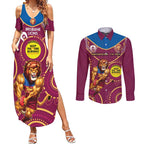 Custom AFL Brisbane Lions NAIDOC Week Couples Matching Summer Maxi Dress and Long Sleeve Button Shirt Keep The Fire Burning Indigenous Art