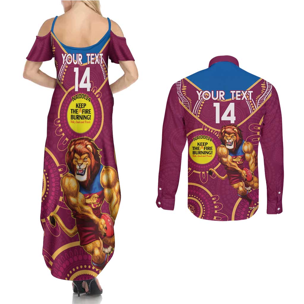 Custom AFL Brisbane Lions NAIDOC Week Couples Matching Summer Maxi Dress and Long Sleeve Button Shirt Keep The Fire Burning Indigenous Art
