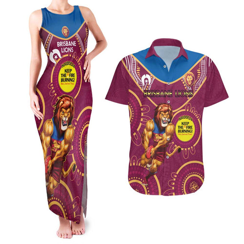 Custom AFL Brisbane Lions NAIDOC Week Couples Matching Tank Maxi Dress and Hawaiian Shirt Keep The Fire Burning Indigenous Art