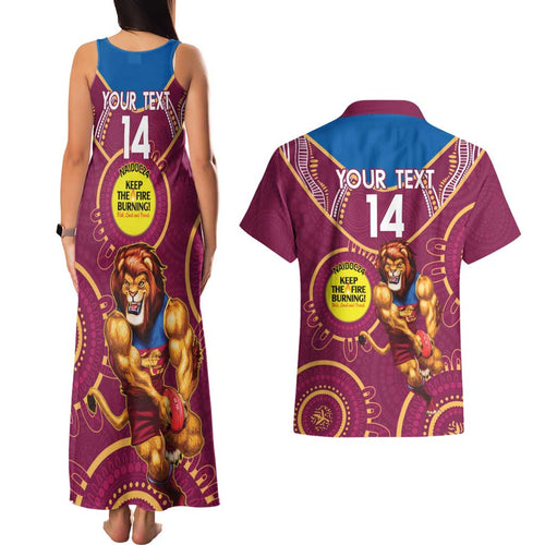 Custom AFL Brisbane Lions NAIDOC Week Couples Matching Tank Maxi Dress and Hawaiian Shirt Keep The Fire Burning Indigenous Art