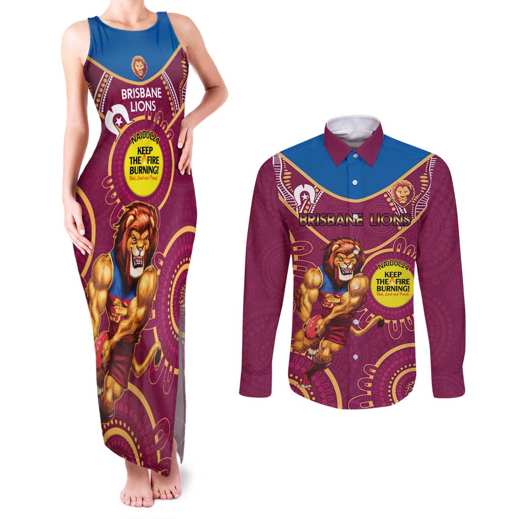 Custom AFL Brisbane Lions NAIDOC Week Couples Matching Tank Maxi Dress and Long Sleeve Button Shirt Keep The Fire Burning Indigenous Art