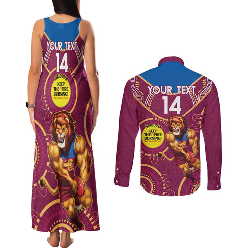 Custom AFL Brisbane Lions NAIDOC Week Couples Matching Tank Maxi Dress and Long Sleeve Button Shirt Keep The Fire Burning Indigenous Art