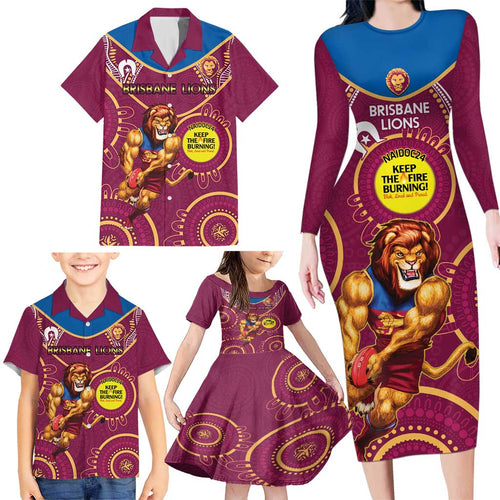 Custom AFL Brisbane Lions NAIDOC Week Family Matching Long Sleeve Bodycon Dress and Hawaiian Shirt Keep The Fire Burning Indigenous Art