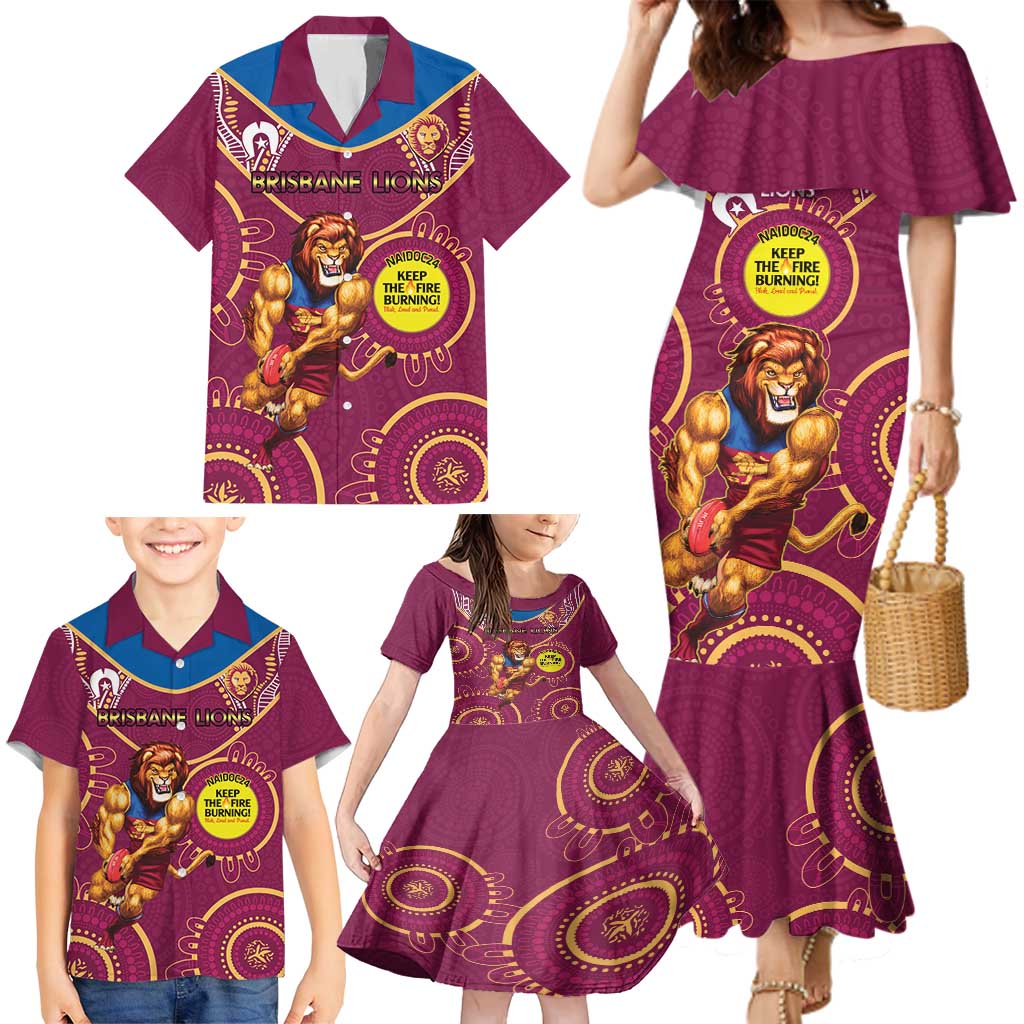 Custom AFL Brisbane Lions NAIDOC Week Family Matching Mermaid Dress and Hawaiian Shirt Keep The Fire Burning Indigenous Art