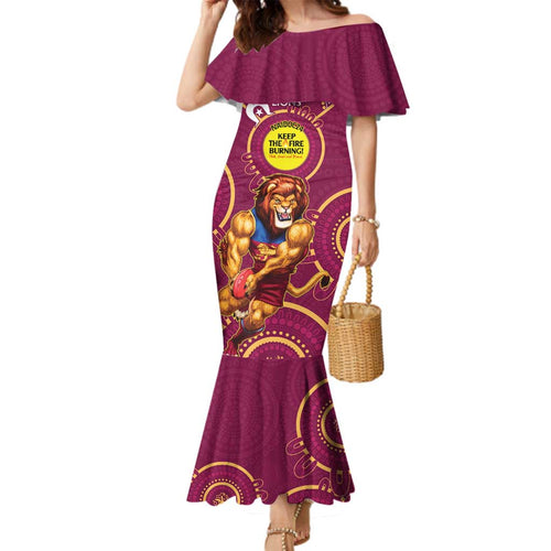 Custom AFL Brisbane Lions NAIDOC Week Family Matching Mermaid Dress and Hawaiian Shirt Keep The Fire Burning Indigenous Art