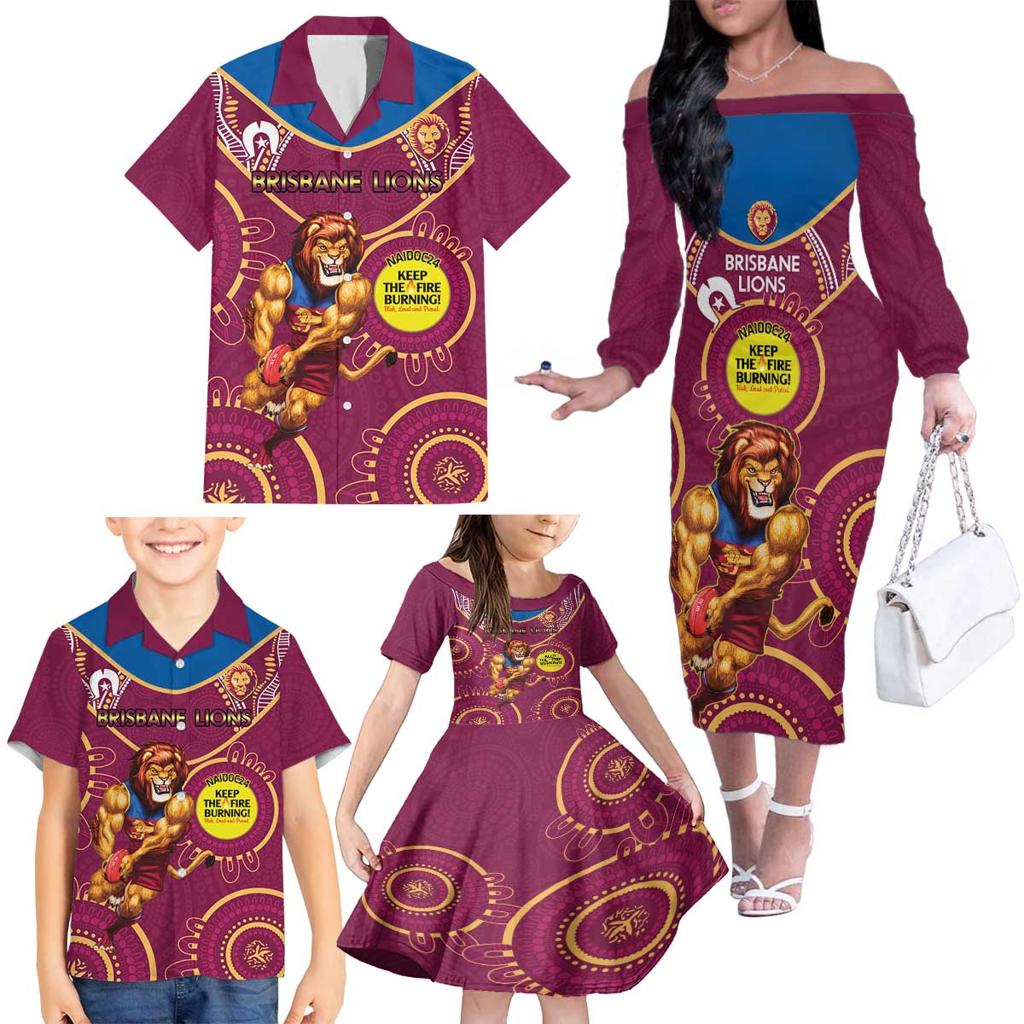 Custom AFL Brisbane Lions NAIDOC Week Family Matching Off The Shoulder Long Sleeve Dress and Hawaiian Shirt Keep The Fire Burning Indigenous Art