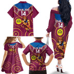 Custom AFL Brisbane Lions NAIDOC Week Family Matching Off The Shoulder Long Sleeve Dress and Hawaiian Shirt Keep The Fire Burning Indigenous Art