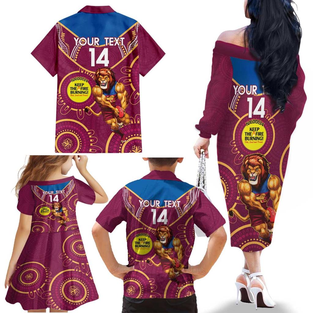Custom AFL Brisbane Lions NAIDOC Week Family Matching Off The Shoulder Long Sleeve Dress and Hawaiian Shirt Keep The Fire Burning Indigenous Art