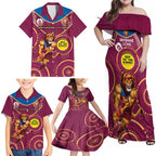 Custom AFL Brisbane Lions NAIDOC Week Family Matching Off Shoulder Maxi Dress and Hawaiian Shirt Keep The Fire Burning Indigenous Art