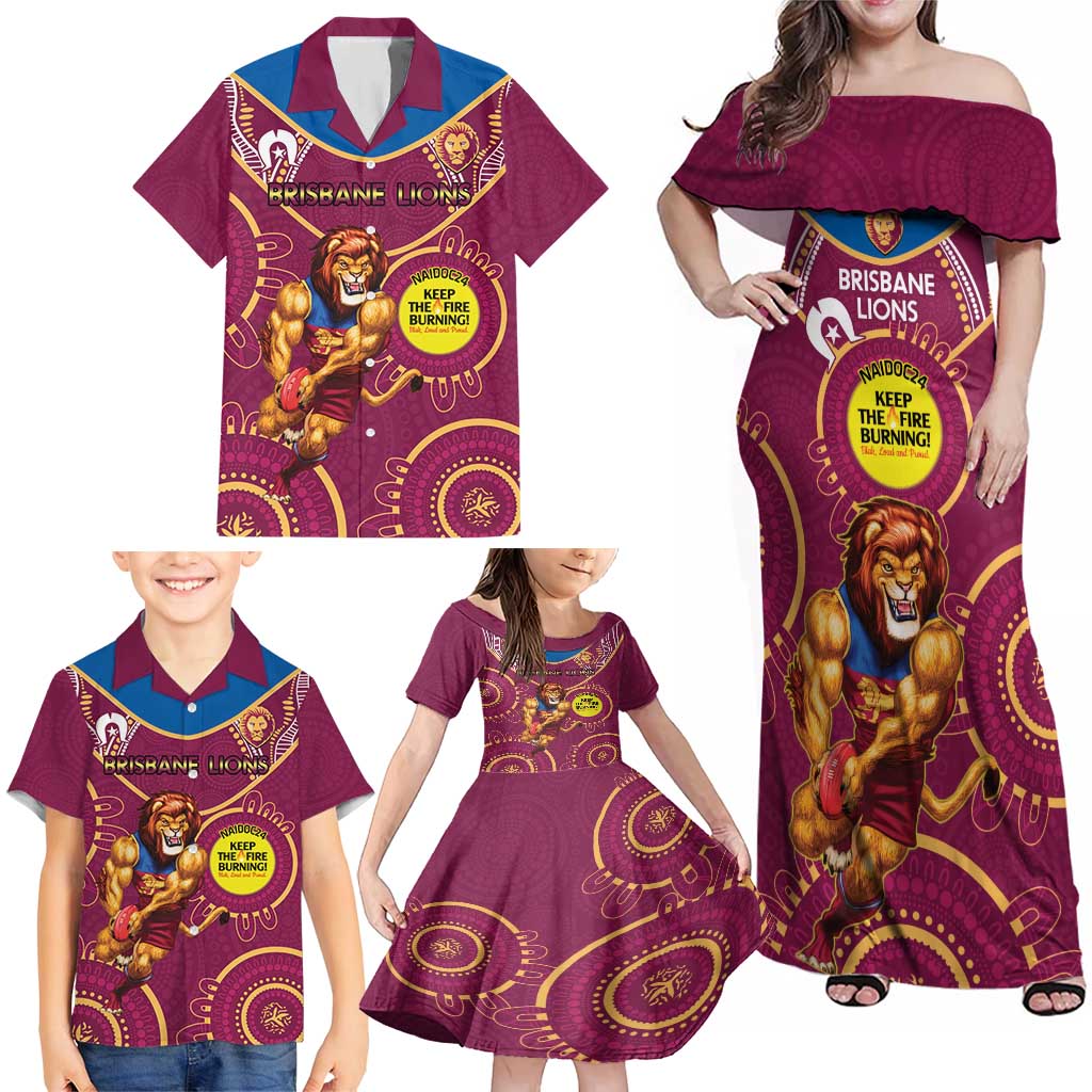 Custom AFL Brisbane Lions NAIDOC Week Family Matching Off Shoulder Maxi Dress and Hawaiian Shirt Keep The Fire Burning Indigenous Art