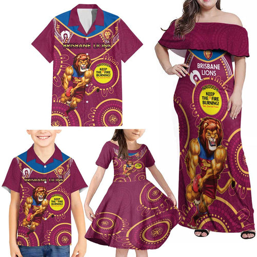 Custom AFL Brisbane Lions NAIDOC Week Family Matching Off Shoulder Maxi Dress and Hawaiian Shirt Keep The Fire Burning Indigenous Art