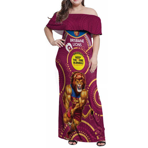 Custom AFL Brisbane Lions NAIDOC Week Family Matching Off Shoulder Maxi Dress and Hawaiian Shirt Keep The Fire Burning Indigenous Art
