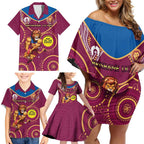 Custom AFL Brisbane Lions NAIDOC Week Family Matching Off Shoulder Short Dress and Hawaiian Shirt Keep The Fire Burning Indigenous Art