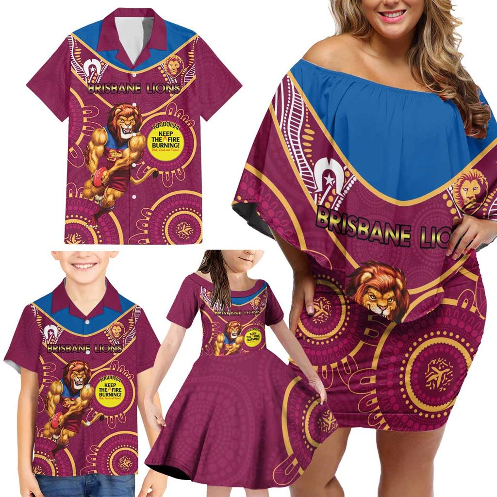 Custom AFL Brisbane Lions NAIDOC Week Family Matching Off Shoulder Short Dress and Hawaiian Shirt Keep The Fire Burning Indigenous Art