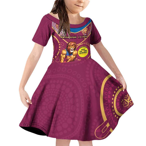 Custom AFL Brisbane Lions NAIDOC Week Family Matching Off Shoulder Short Dress and Hawaiian Shirt Keep The Fire Burning Indigenous Art